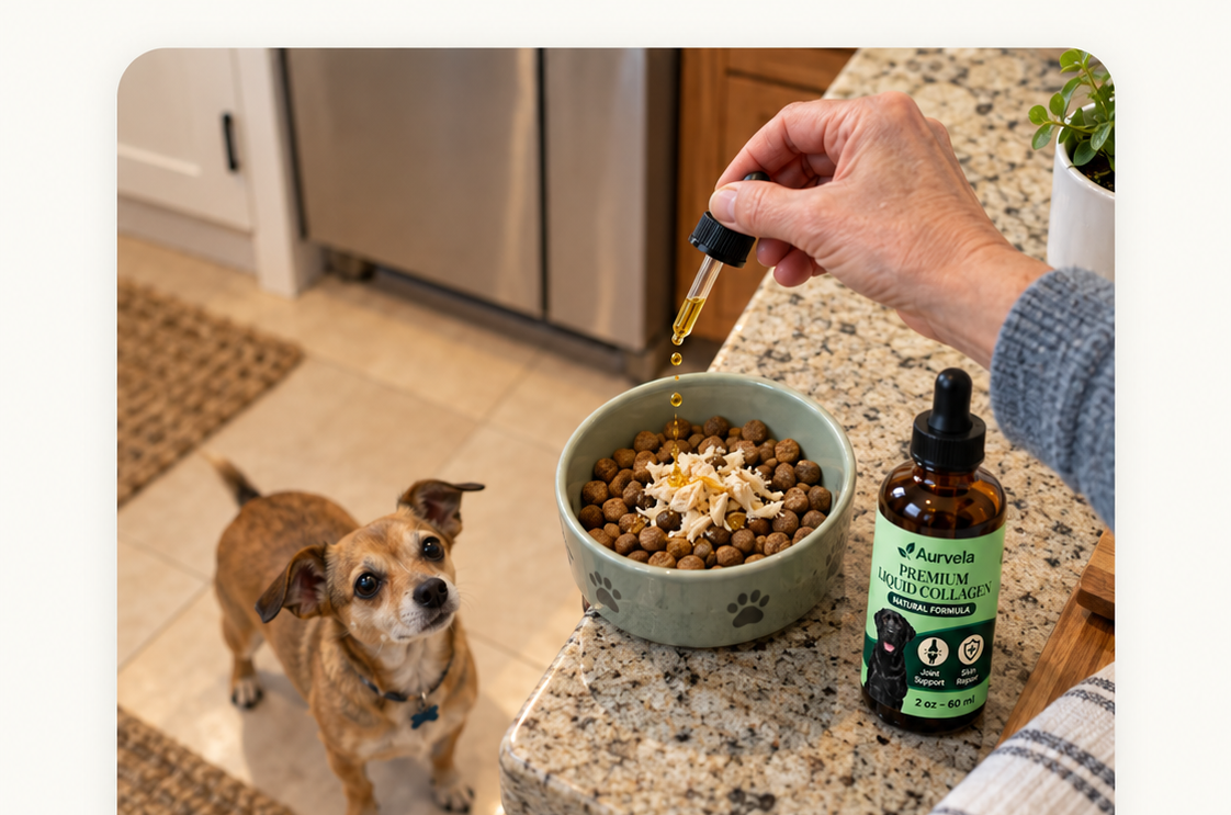 Aurvela liquid collagen being added to dog food