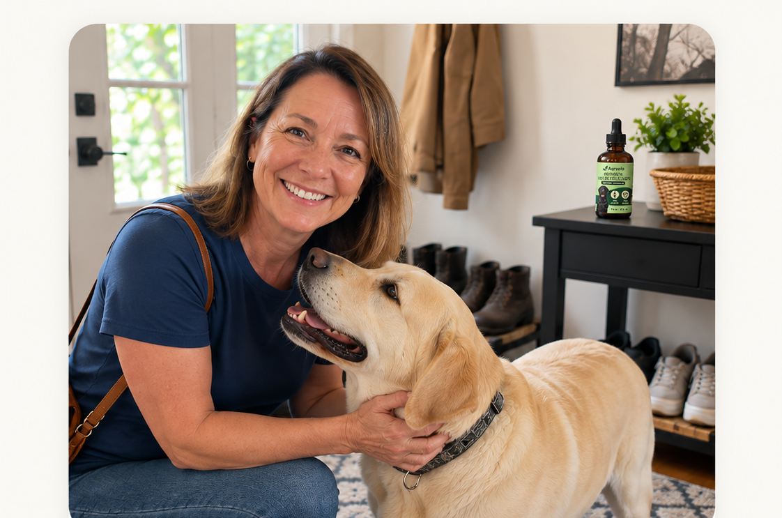 Aurvela customer greeting her labrador